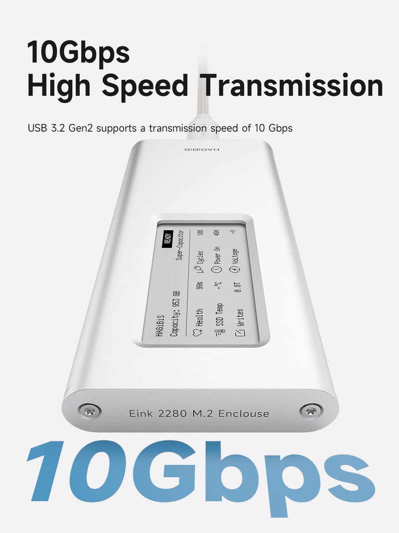 Hagibis SSD Enclosure, E-Ink Display Aluminum 10Gbps M.2 NVMe SSD Case, Ink Screen Super Capacitor USB 3.2 Gen 2 to PCI-E NVMe M and B&M Keys External SSD Enclosure for 2230/2242/2260/2280 SSDs 9210CN