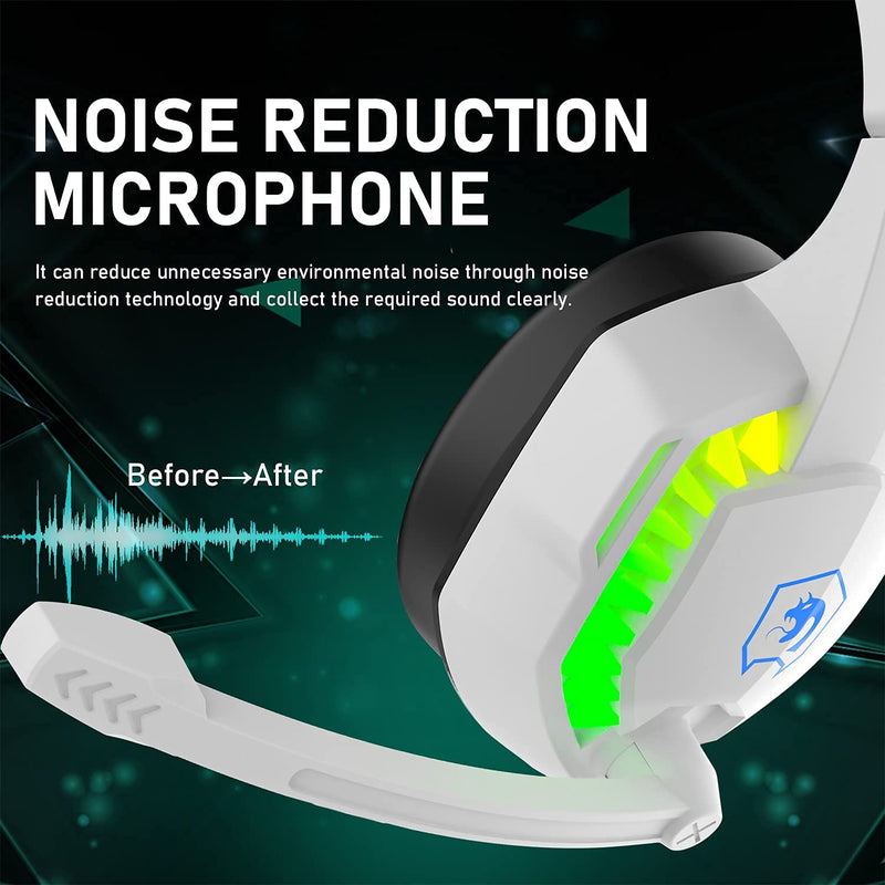 Wired Gaming Headset with Rainbow RGB Backlight Retractable Noise Isolating Microphone Stereo Sound Deep Bass Memory Foam Earmuff Over Ear Headphone for PS4 Xbox One Switch PC Mac Gamer Music (White) White