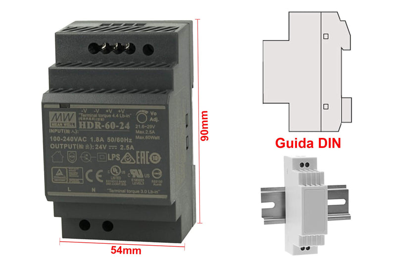 Mean Well Din-Rail power supply 60W 24V 2,5A ; MeanWell HDR-60-24 ; Panel Mount