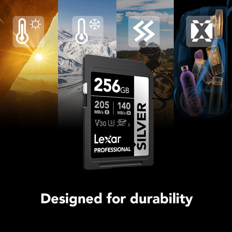 Lexar 256GB Professional Silver SDXC Memory Card, UHS-I, C10, U3, V30, 4K Video, Up to 205/140 MB/s Read/Write, for Professional Photographer, Videographer, Enthusiast (LSDSILV256G-BNNNU)