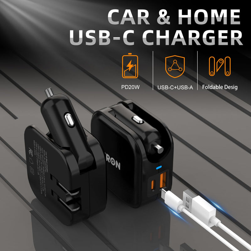 TRON Wall & Car Charger Travel Charging Station, 36W Dual USB-C & USB-A Fast Charger, Foldable for iPhone, iPad, Android, Earbuds – TR17