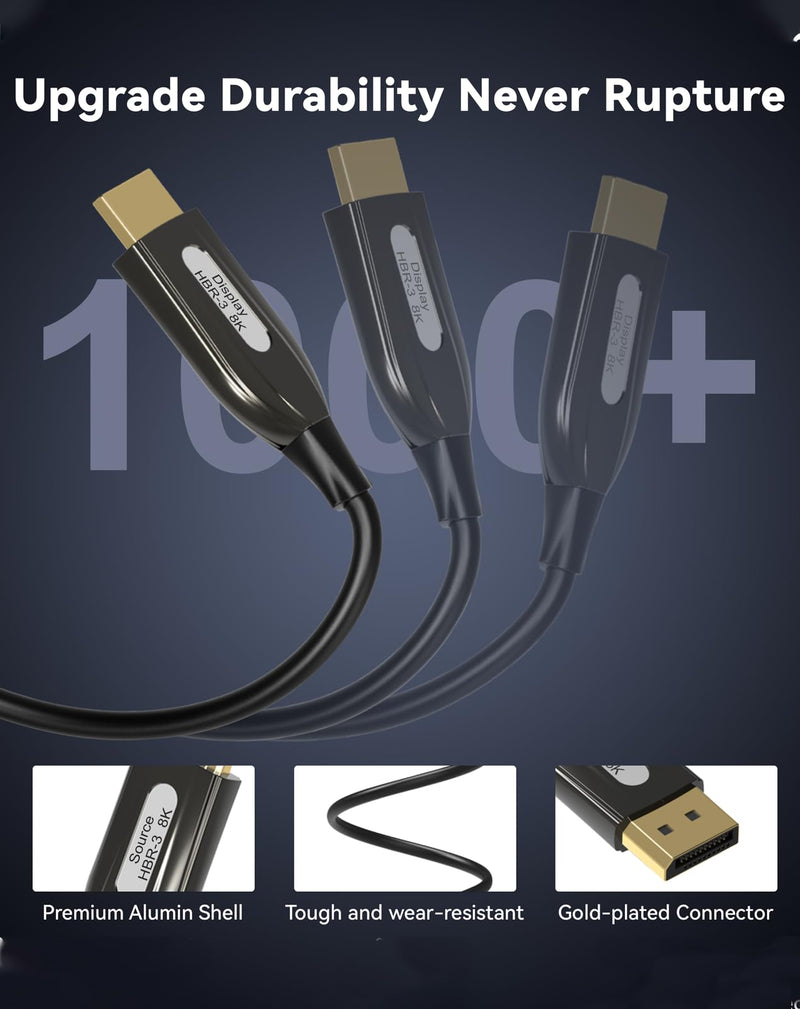 Fiber Optic Displayport Cable 1.4, Long Display Port 1.4 Cable 8K 60Hz, 4K 144Hz, 2K 240Hz 165Hz 144Hz, Braided DP 32.4Gbps DSC 1.2 HBR3 HDR HDCP FreeSync G-Sync, Gaming Monitor PC Graphics 50FT 50 Feet