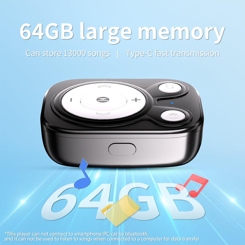[AUSTRALIA] - Mini MP3 Player with Bluetooth 5.3, 64GB Portable Music Player with Sports Clip, OTG Function, Mp3 Player NO Screen for Running/Cycling/Exercise-Student, Kid (Black) Black 