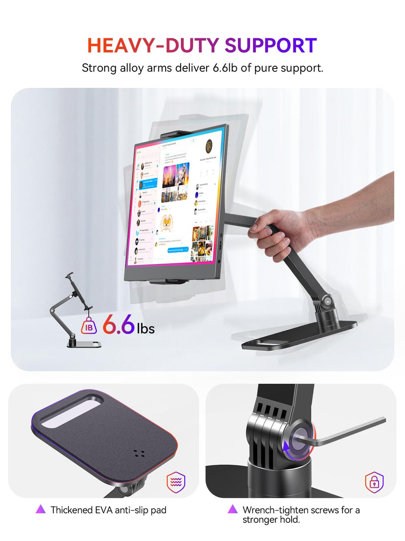 UPERFECT Portable Monitor & Tablet Stand, Heavy-Duty Carbon Steel Mount | Adjustable Clamp, Fits 4.7–19" Devices, 360° Rotation, Foldable Desk Mount for iPad, Phone, Tablet & Travel Use 19 inch