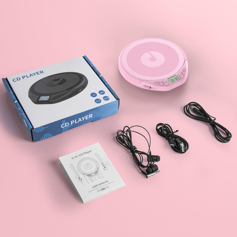[AUSTRALIA] - Portable CD Player for Car: Kegaudio with Earphones Anti-Skip LCD Display Personal Disman Disc Player for Car & Sports Supports MP3 WMA PROG & Memory Function Pink 