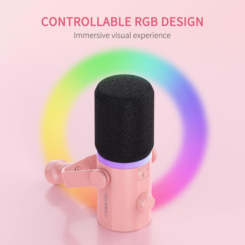 FEELWORLD PM1 XLR USB Dynamic Microphone Gifts for Podcast Recording PC Computer Gaming Live Streaming Vocal Voice-Over, Studio Metal Mic with RGB Light, Mute Button, Headphones Jack (Pink) Pink