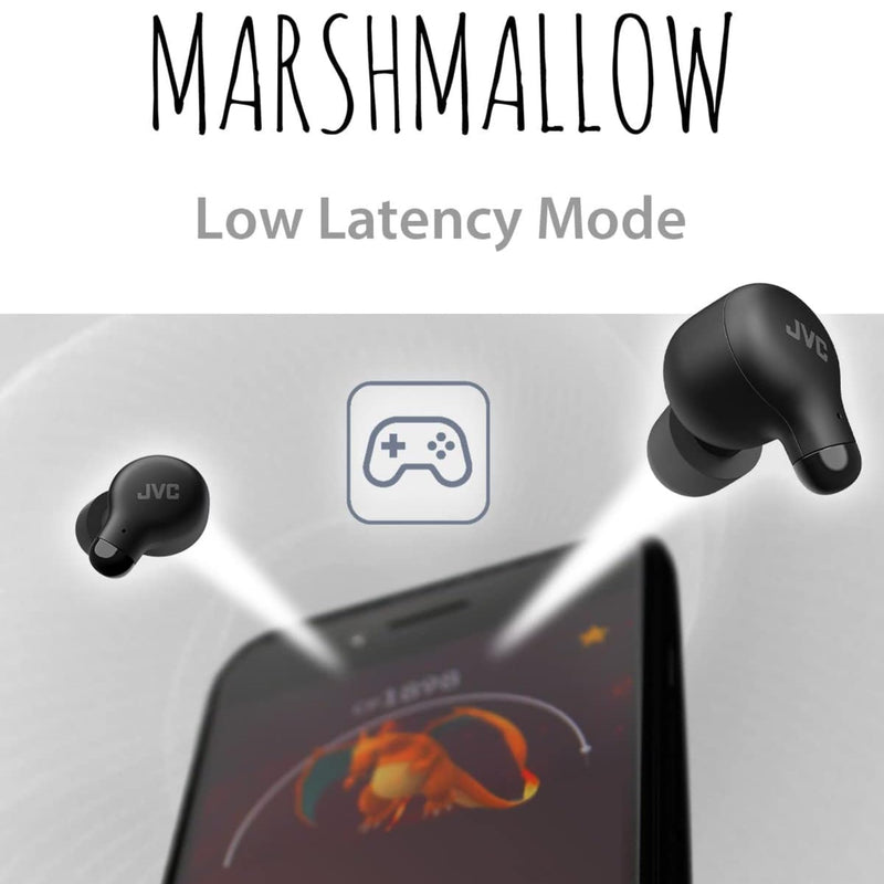 JVC Marshmallow True Wireless Bluetooth 5.3 Earbuds – 28H Battery, Memory Foam Earpieces for All-Day Comfort, IPX4 Water Resistant, Mic, Compact Case, for iPhone & Android Black