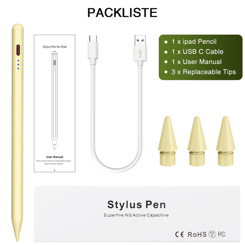 Pen for ipad 2018-2023, HATOKU Quick Charging Pencil 2nd Generation with Tilt & Palm Rejection, Pen for ipad Compatible with ipad Air 3/4/5, ipad Mini 5/6, ipad 6-10 Gen, ipad Pro 11/12.9" (Yellow) Yellow