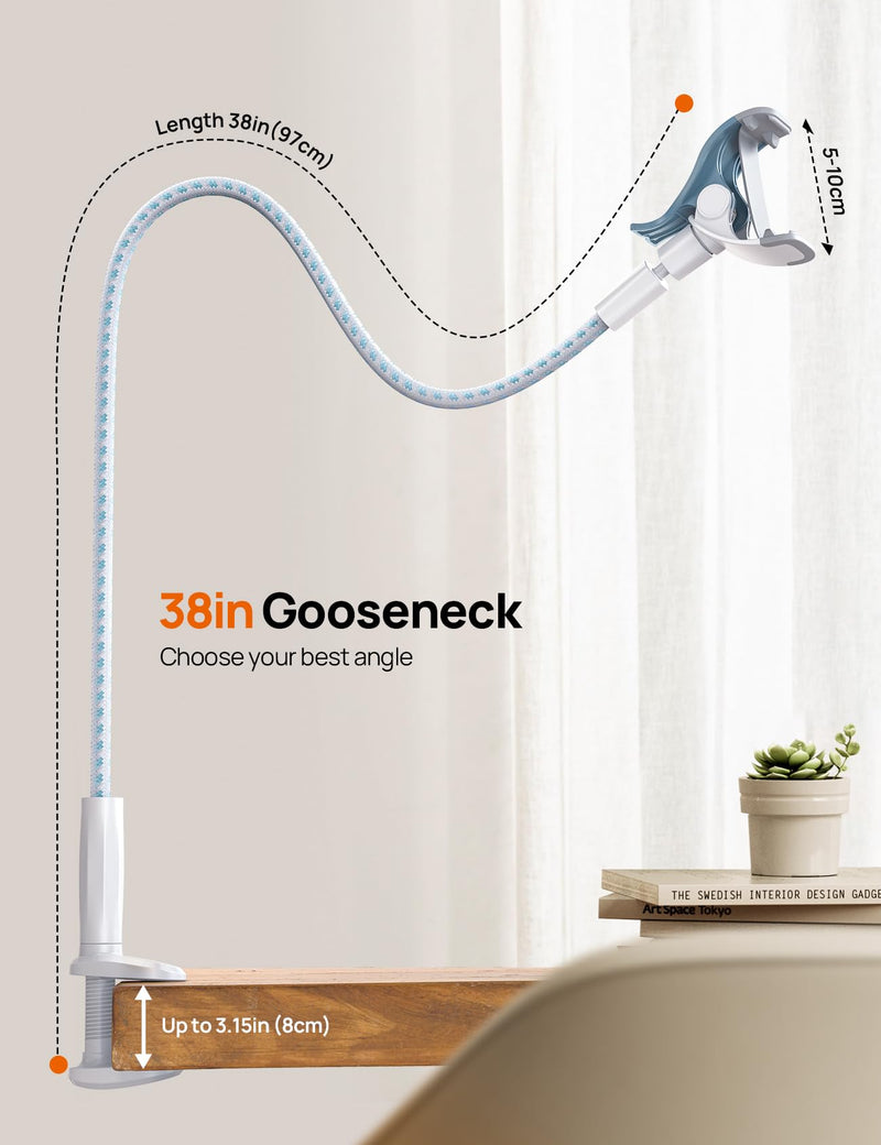 Gooseneck Phone Holder for Bed - [2023 Upgrade Nylon Braid] 38” Flexible Lazy Arm Clip, 360 Adjustable Overhead Phone Mount for iPhone 14 13 12 11 Pro Max Mini Plus, all 4-7" Cellphone - White