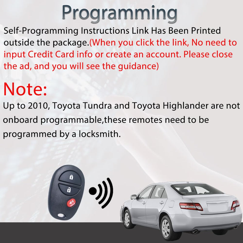 Key Fob Keyless Entry Fits for Toyota 2007-2017 Tundra /2005-2016 Tacoma / 2008-2013 Highlander / 2004-2015 Sienna /2008-2016 Sequoia Remote Control Replacement GQ43VT20T 89742-AE010 3 Buttons