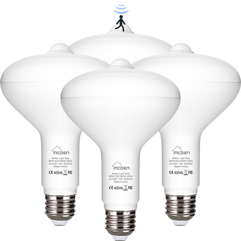 [AUSTRALIA] - McDen Motion Sensor Light Bulb, BR30 13W Equivalent 100W 6000K Daylight, Indoor Motion Activation Detector Light Bulb, E26 Base Dusk to Dawn Security Night Light. 4 Packs Daylight White BR30-13W 
