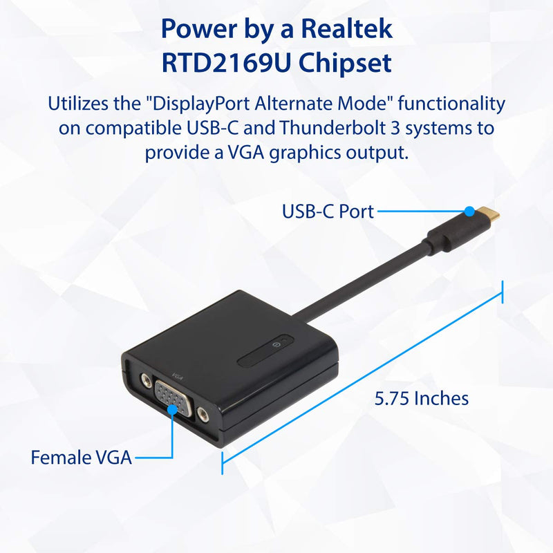 USB Type-C to VGA Adapter. Support Resolution up to 1080p. Bus-Powered. Fully Plug-n-Play. Thunderbolt 3