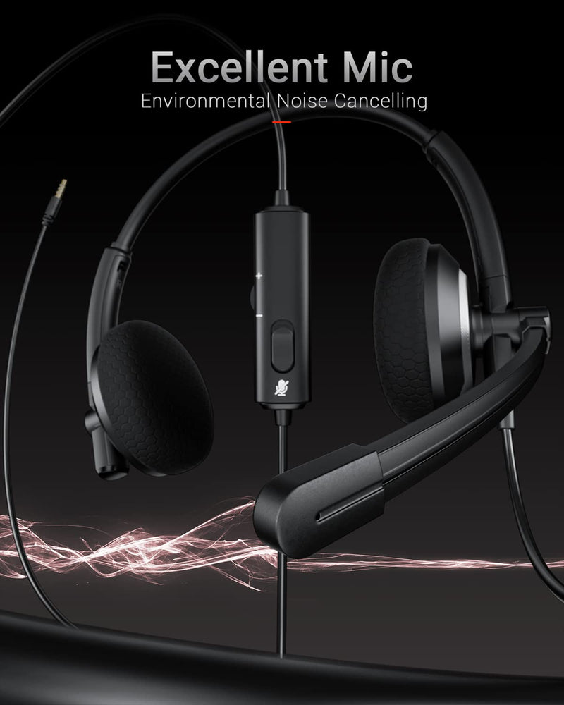 Wired Headset with Microphone for PC Laptop - 3.5mm Jack On Ear Headphones with Noise Cancelling Microphone for Boom Skype Webinars, in-line Control,Comfortable 3.5mm computer headset Black