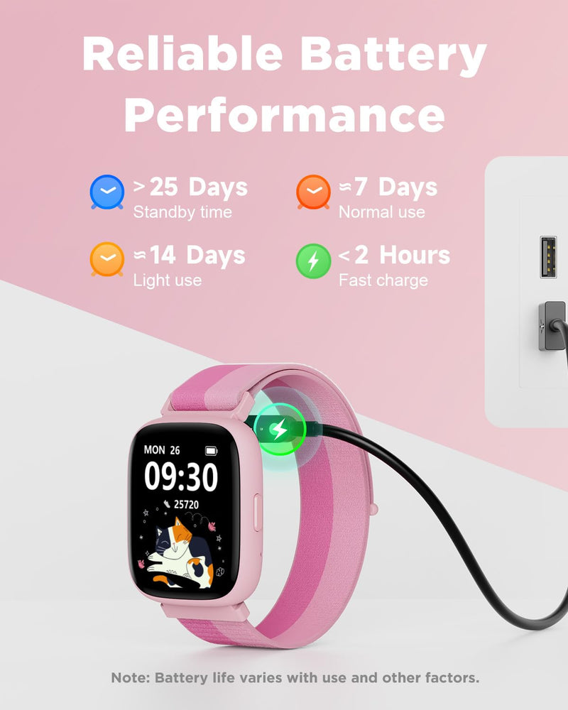 BIGGERFIVE Smart Watch for Kids, 1.8" Fitness Tracker Watch with Pedometer | Heart Rate, Sleep Monitor, IP68 Waterproof, Step Counter, Puzzle Games with/without App for Girls Teens 5-16，Nylon Single Strap Nylonpink