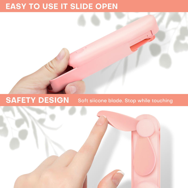 Nezylaf Handheld Mini Fan，Portable Small Pocket Fan，Rechargeable Personal Fan with Power Bank 2000mAh, Travel Essentials for Women Pink