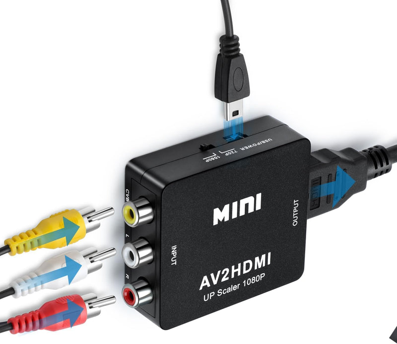 RCA to HDMI Converter, 1080P RCA Composite CVBS AV to HDMI Video Audio Adapter Compatible with N64 Wii PS2 Xbox VHS VCR Camera DVD (RCA Adapter + HDMI Cable + RCA Cable) 3 in 1