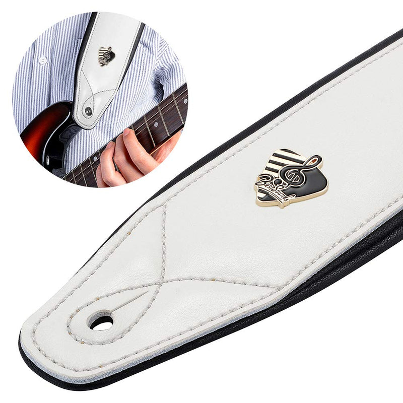 BestSounds Genuine Leather Guitar Strap for Electric & Acoustic Bass Guitar, White Padded Guitar Strap
