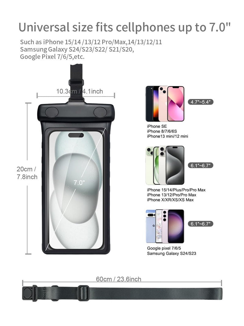 wellhouse Waterproof Phone Pouch Case, 3D Stereoscopic 7" Waterproof Cell Phone Dry Bag for iPhone 14 13 12 11 XS XR X Pro Max Plus Mini, S22 S21 Ultra, IPX8 Underwater Phone Protector, Earl Black 1 Pack - Earl Black7.0"