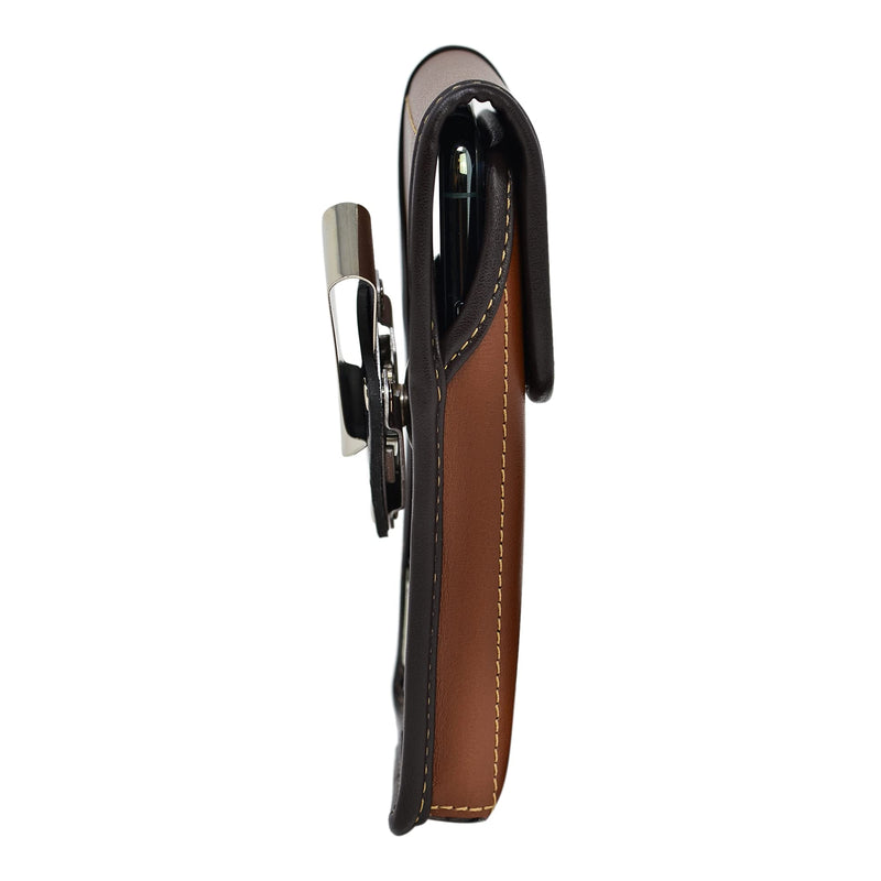 Turtleback Brown Belt Case for iPhone 16 Pro, 16e, 15 Pro, 14 Pro, 13 - Small – Fits Slim Thin Style Cases, Vertical Holster Leather Pouch with Heavy Duty Rotating Belt Clip, Vertical - Leather w/ Metal Clip