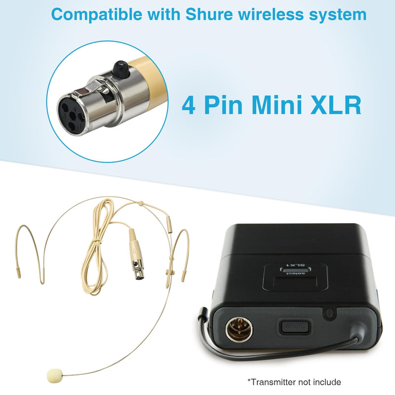 2 Pack Headset Microphone for Singing Double Over Ear Earset 4 Pin Mini XLR Ta4f Plug Mic 1.5m Cable and Windscreen Head Hanging Condenser Omnidirectional Mic Compatible with Shure,Beige