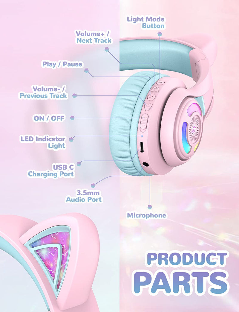 iClever BTH13 & BTH12 Kids Bluetooth Headphones Bundles, Colorful LED Lights Up, 74/85/94dB Volume Limited, Bluetooth 5.2, AUX Cable, Over Ear Kids Headphones Wireless for iPad/Tablet/Travel