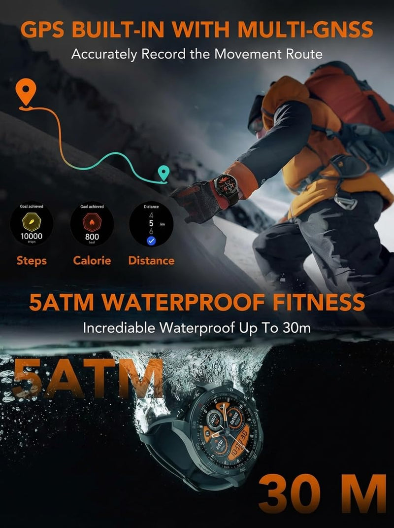 SKG Smart Watch for Men Women, 1.43" GPS Built-in Smartwatch with 100+ Sports Magnetometer Barometer, 9-Day Runtime 5ATM Waterproof Fitness Watch, for Health Tracker Android iPhone Compatible, GT5 Orange