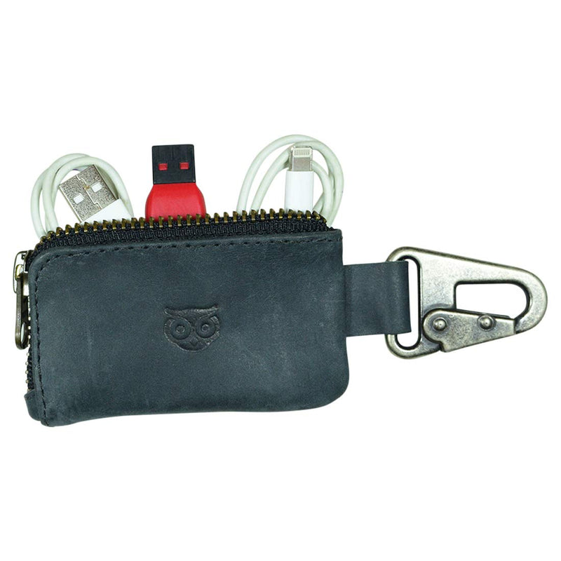 Hide & Drink, Rustic Leather Car Key Holder, Headphone & Charging Cables, Memory Cards, Flash Drives, Lighters, Cash Zipper Case with Clasp, Handmade Includes 101 Year Warranty :: Charcoal Black