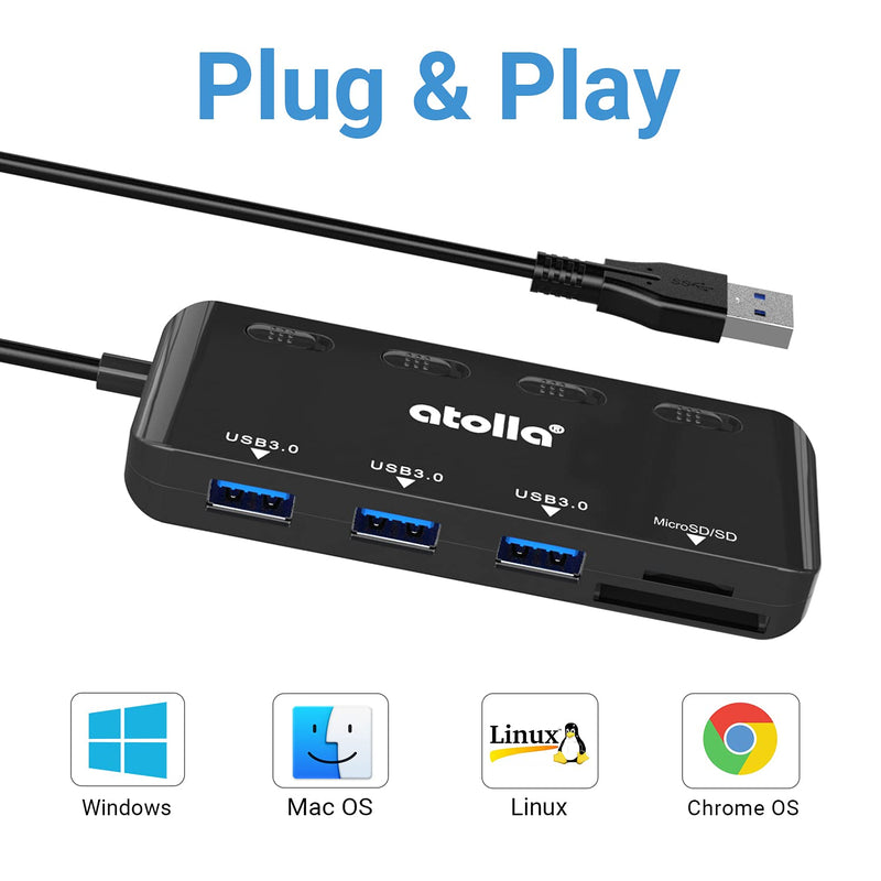 SD Card Reader, atolla USB Hub with SD/Micro SD Card Reader, USB Splitter with 3 USB Ports, 2 Card Slots and Individual LED Power Switches Dark black