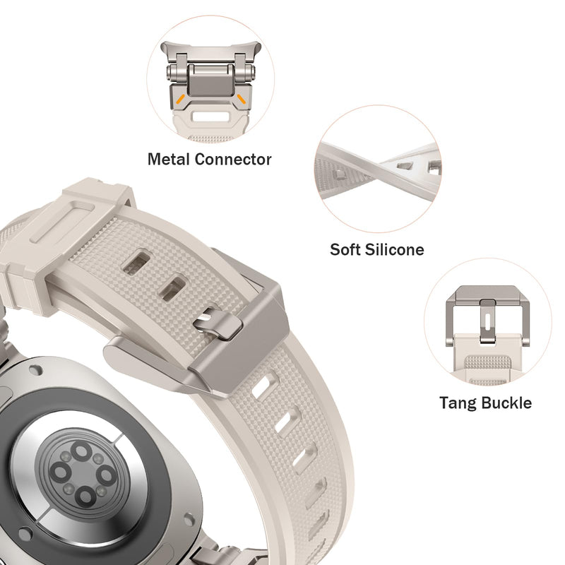 Silicone Bands for Samsung Galaxy Watch Ultra 47mm Band, Rugged Luxury Sport Strap for Men, with Metal Connectors & Foldable Buckle & Pin Buckle (Starlight Grey)
