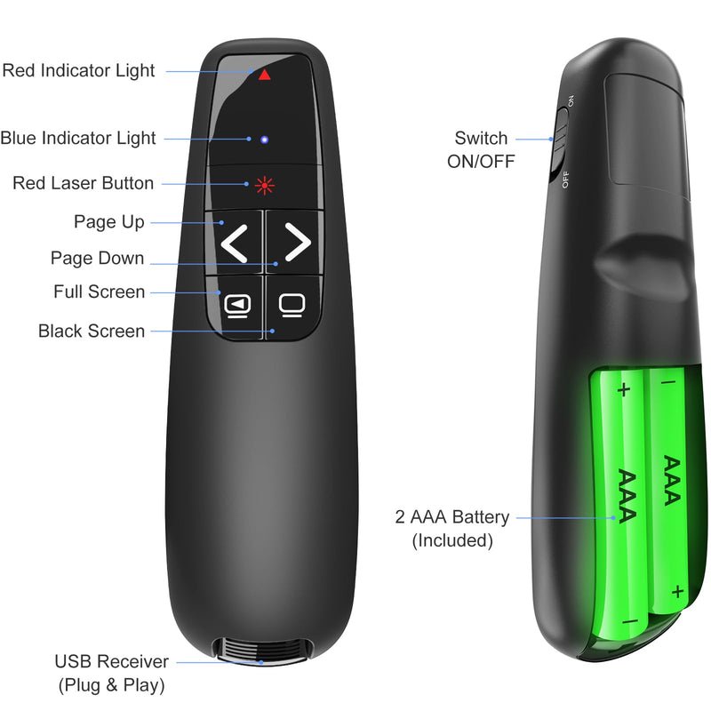 Wireless Presentation Clicker PowerPoint Presenter Remote: Red Laser Pointer Computer Clickers, USB A Project Power Point PPT Clicker for Mac Laptop Office, Slideshow Google Slide Advancer