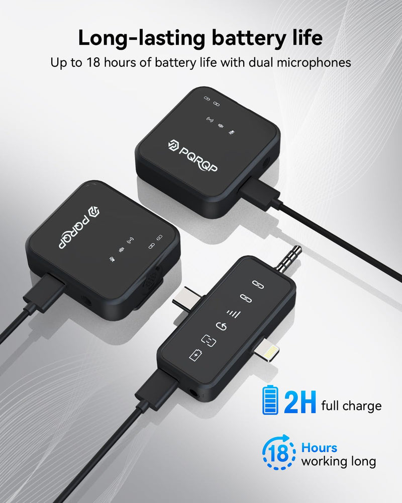 [AUSTRALIA] - PQRQP 3 in 1 Microphone for iPhone/Android/Camera, Wireless Microphones, 328ft Transmission, 18H Battery Life, Mini Microphone for Record Interview, Vlogs, YouTube, Tiktok, Preamps Ebony Black 