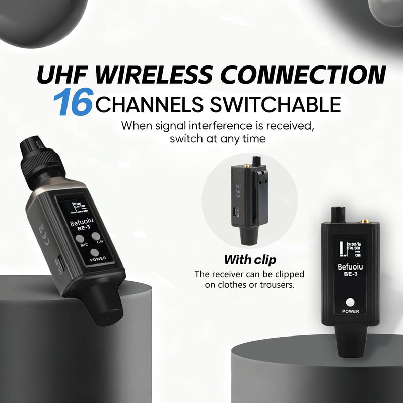 UHF Wireless In Ear Monitor System Metal, Professional Wireless IEM System, 16 Adjustable Channel, Portable Rechargeable Transmitter and bodypack Receiver for Studio, Band Rehearsal, Live Performance Black