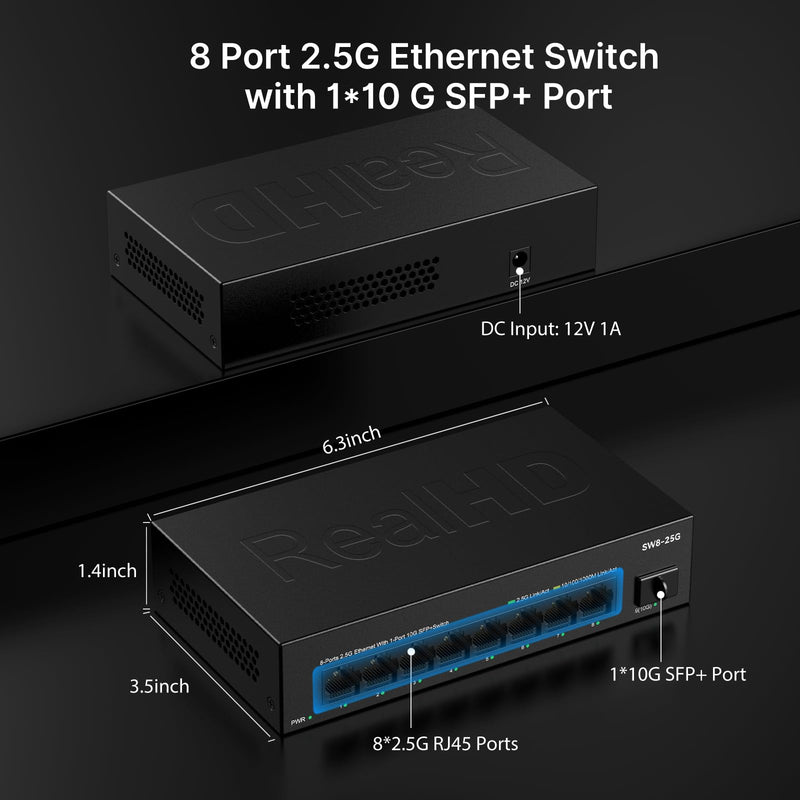 Real HD 8 Port 2.5G Ethernet Switch Unmanaged Network Switch with 8 x 2.5 Gigabit | 1 x 10G SFP+ | Work with 10-100-1000Mbps Devices | 60G Bandwidth | Plug & Play | Fanless Quiet Metal Internet Switch