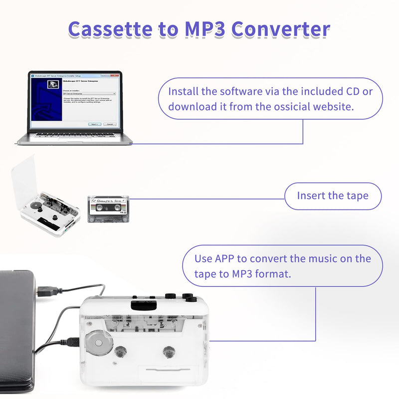 Cassette Player-Cassette to MP3 Converter with Tape Converter Software- Auto Reverse ＆Clear Stereo Cassette Tape Player-Built-in Cool Copper Wheel Movement＆Earphone