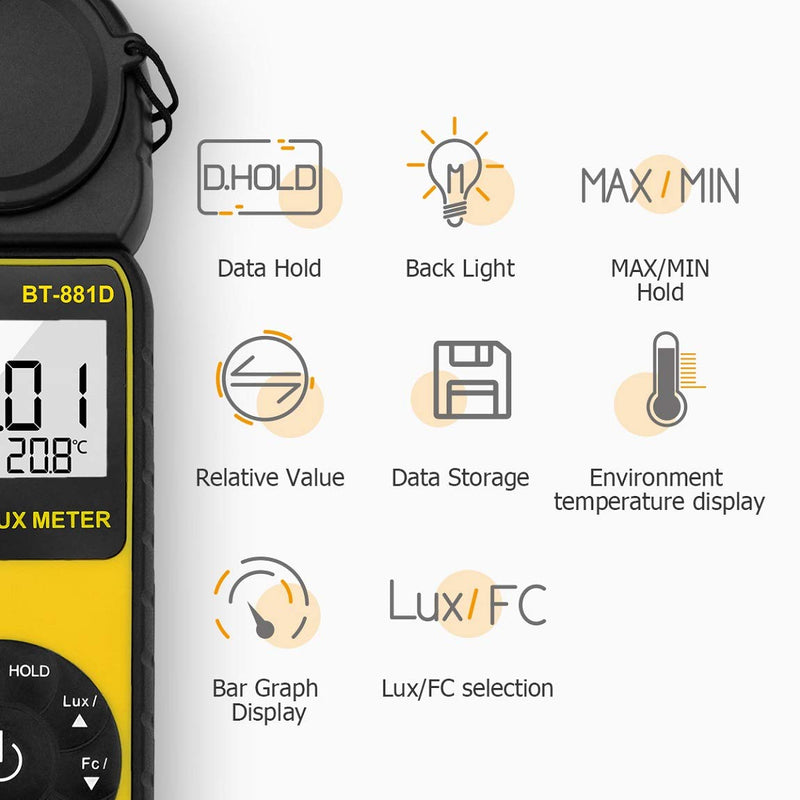 [AUSTRALIA] - BTMETER BT-881D Digital Illuminance Light Meter, Measure Lights 0.01~400,000 Lux (0.01~40,000 FC) Foot Candles Luxmeter with 270º Rotated Sensor for Plants LED Lights Indoor Outdoor Light Tester BT881D (0.01~400,000 Lux) 