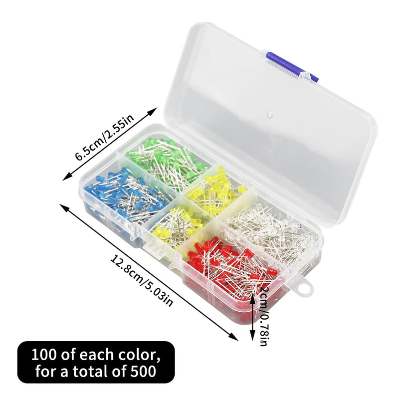 Pack of 500 LED Light Emitting Diodes 3 mm - 5 Colours (Red, Yellow, Blue, Green, White), Extra Bright, 20mA, 3V LED Diodes Assortment for Science, DIY, DIY & Electronics Projects