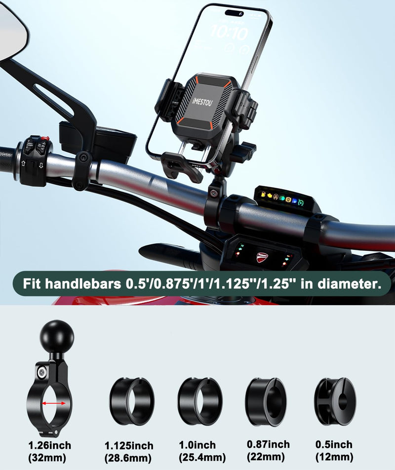 iMESTOU Motorcycle Wireless USB C Phone Mount Anti-Vibration, Anti-Theft 1" Ball Qi Phone Mount Suitable for 5.2"-7.2" Up to 15mm Thick Phones, Fits for 22-32mm Handlebars, Works with 12-24V Vehicles