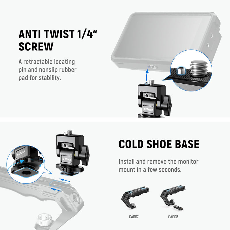 NEEWER Camera Monitor Mount with Cold Shoe, Anti Twist 1/4" Screw for 5" & 7" Field Monitor Compatible with Atomos Ninja V, 360° Swivel & Adjustable 180° Tilt Damping, Compatible with SmallRig, MA006