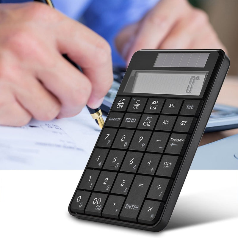 Compact USB keypad with Display Calculator Function, 29 Keys Portable Wireless Number Pad Mini Solar Power Smart Keypad & Office Calculators with LCD Display for Laptop PC Desktop