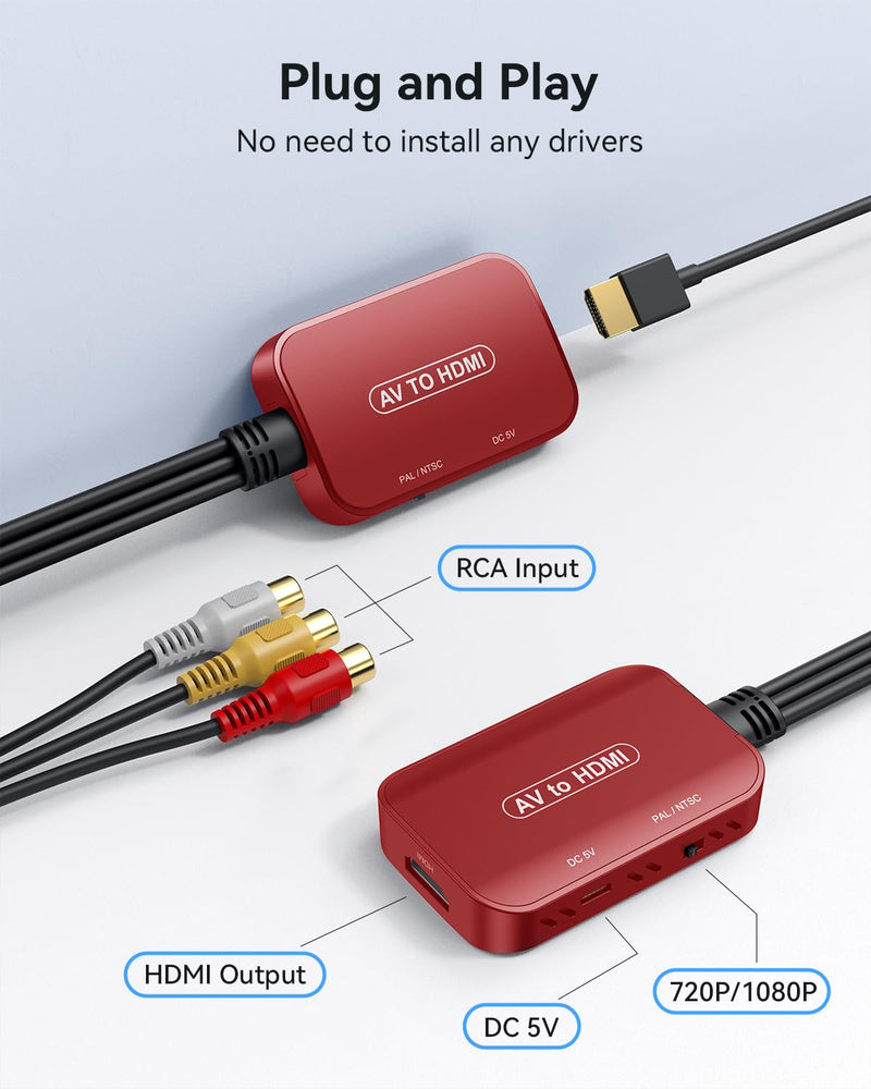 RCA to HDMI Adapter, AV to HDMI Converter, RCA to HDMI Composite Audio Video Converter for PS1, PS2, PS3, STB, Xbox, VHS, VCR,Red-Ray DVD Players(HDMI Cable Included) Red