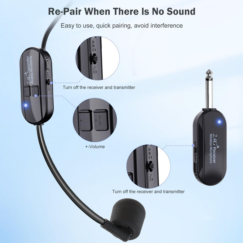 [AUSTRALIA] - Wireless Microphone Headset Double Professional: Cordless Mic Head for Two People, Heads Handheld Mics 2 in 1- USB-C Rechargeable - 1/4'' and 1/8'' Plug for PA System, Voice Amplifier,Teaching,Fitness Black1 