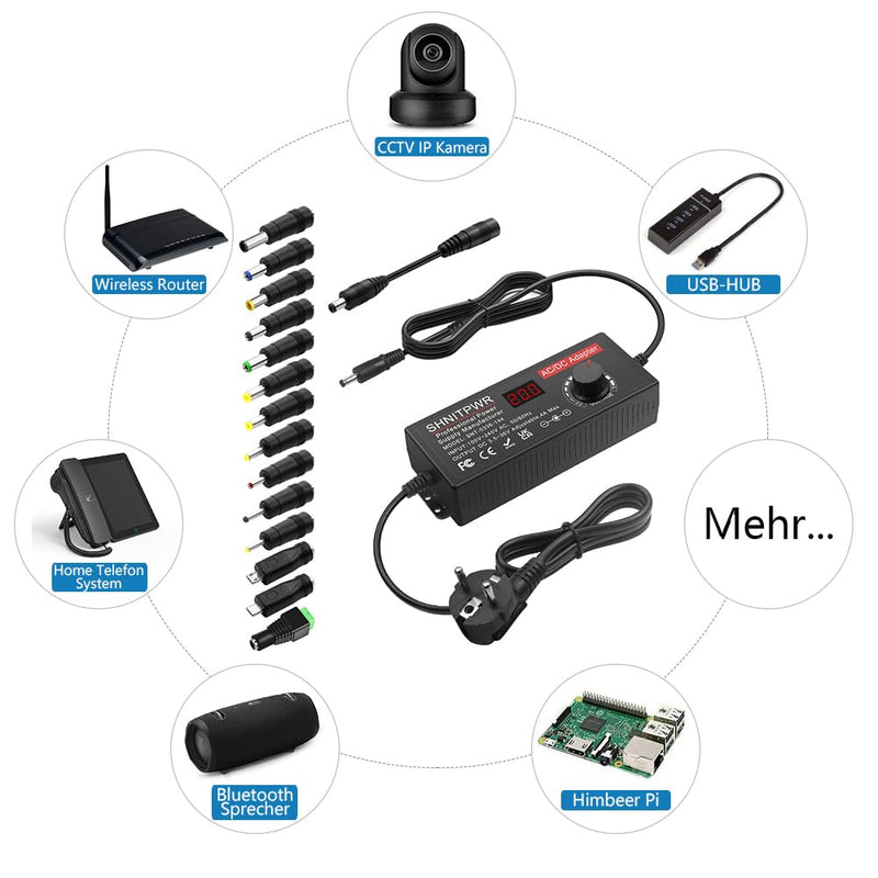 SHNITPWR Adjustable Power Supply 3.5-36V 4A 144W Universal Power Supply Adapter DC 36V 34V 31V 29V 26V 24V 20V 19V 14V 12V 9V 6V 3.5V with 14 Tips & Polarity Cable for Household Electronics LED Strip