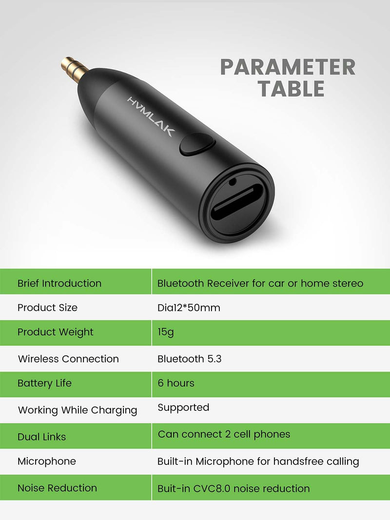 [AUSTRALIA] - Bluetooth 5.3 Car Aux Adapter with Enhanced Microphone, 3.5mm Jack for Car Home Stereo, USB-C Charging, Sturdy Case, 1 Piece Black 