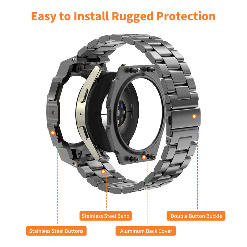 Luxury Case with Band Designed for Samsung Galaxy Watch 7 44mm 2024, Rugged Military Protective Metal Bumper Cover with Tactical Stainless Steel Strap for Men Black