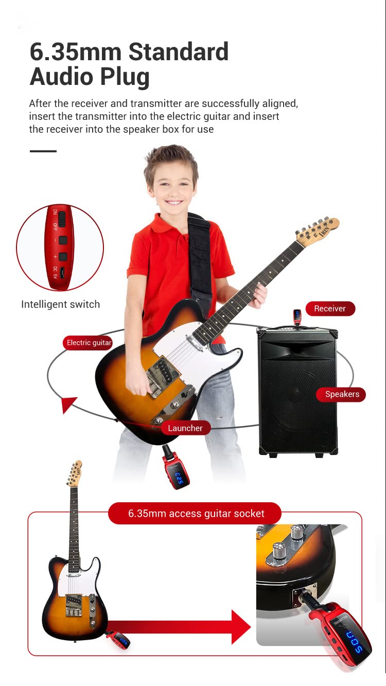 Arklove 1/4 inch Ts Jack 6.35mm mic Microphone Wireless Guitar System Rechargeable Guitar Transmitter Receiver Set Bass Pick Up Accessaries amp (Red) Red