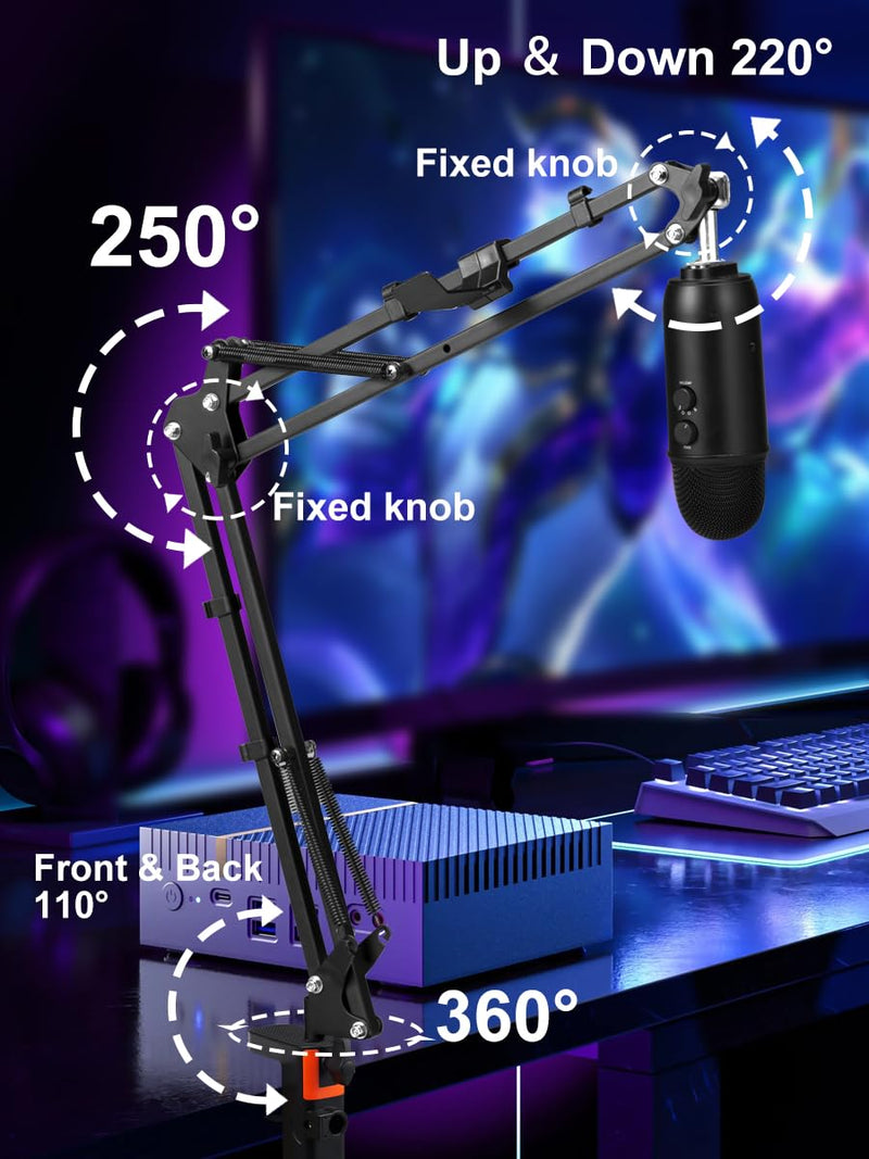 Microphone Boom Arm, Adjustable Suspension Boom Scissor Arm Stand with Heavy Duty Clamp, Pop Filter and Mic Clip Compatible with Yeti, QuadCast Snowball.