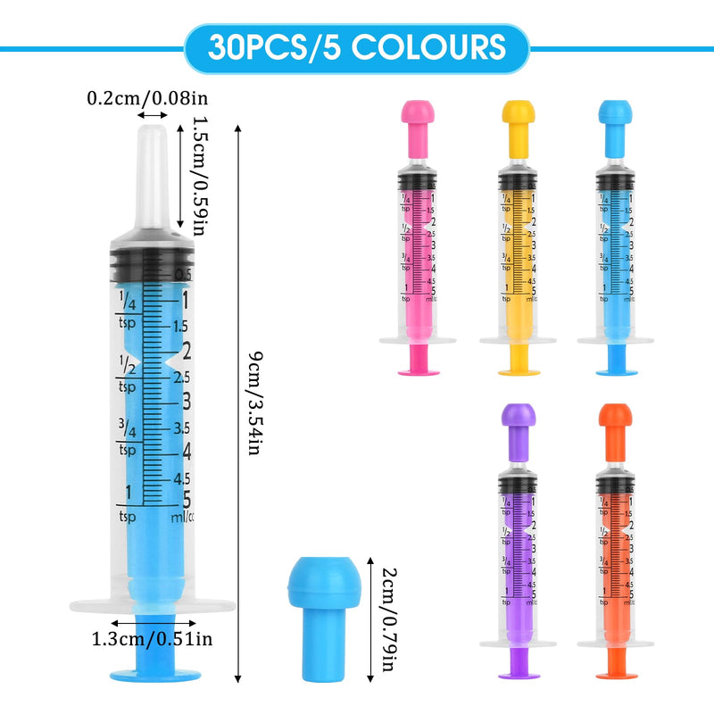 Pack of 30 Disposable Syringes, 5 ml, Plastic Syringe with Cap, Feeding Syringe Without Needle, Sterile Syringes for Animal Feeding, Refills, Liquids, 5 Colours