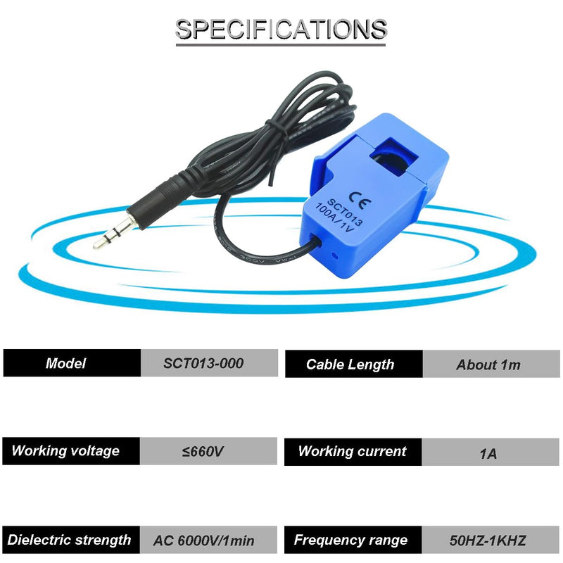 Youmile SCT-013-000 Non-invasive Sensor Split Core Current Transformer 100A/1V AC Current Sensor + ADC Module with Audio Socket Cable Male and Female for Arduino