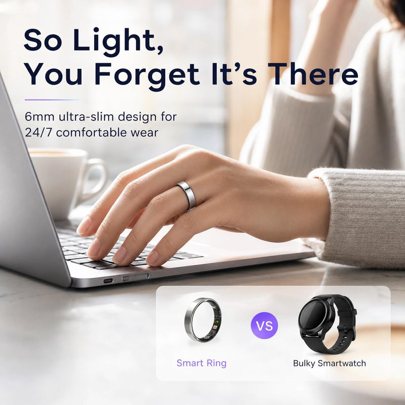6mm Slim Smart Ring for Women HR/O2/Sleep Size11 Silver | Ultra-slim 6mm design. Tracks HR, blood oxygen & sleep. 5ATM waterproof for swimming. Gesture control 11