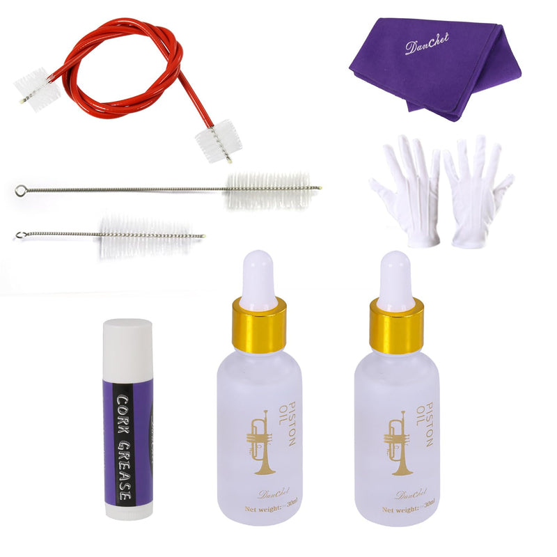 Trumpet Cleaning Kit - Trumpet (Short) Cleaning and Maintenance Kit - Multifunctional Trumpet Care Kit: Valve Oil x2, Cork Grease, Cleaning Cloth, Mouthpiece, Cleaning Brush, Gloves trumpet cleaning kit